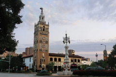 THE COUNTRY CLUB PLAZA shopping district in Kansas City, Missouri. The entire complex was built to replicate old Sevilla, Spain. This tower, called LA GIRALDA is an exact one-quarter-size replica of the one in Sevilla.