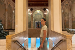 THE PROVISO: At the top of the staircase from Sculpture Hall, down which Giselle leads Bryce up to the Chinese temple room. (That is not Giselle.)