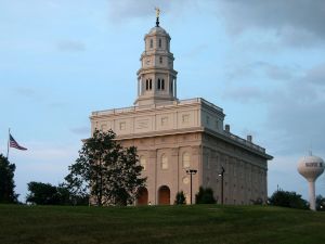 A picture of the Mormon Nauvoo temple in Nauvoo, Illinois, taken from the hill below.