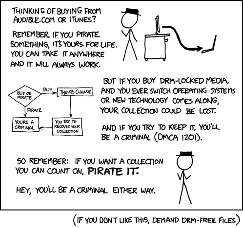 XKCD cartoon. Text" “Thinking of buying from audible.com or iTunes? Remember, if you pirate something, it’s yours for life. You can take it anywhere and it will always work. But if you buy DRM-locked media, and you ever switch operating systems or new technology comes along, your collection could be lost. And if you try to keep it, you’ll be a criminal (DMCA 1201). So remember, if you want a collection you can count on, PIRATE IT. Hey, you’ll be a criminal either way. (If you don’t like this, demand DRM-free files)” It includes a small flow chart reiterating the text.