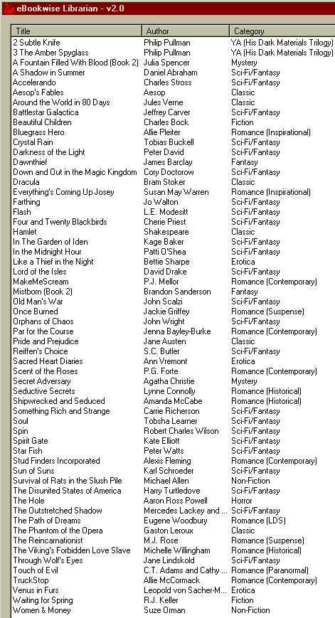 A screen shot of the list of book titles on my eBookwise.