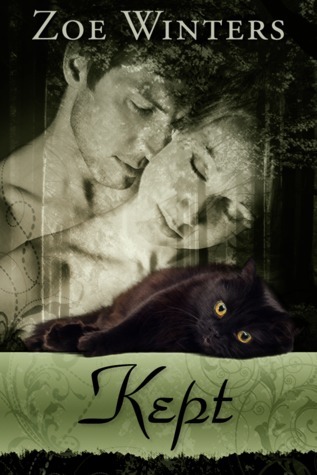 Cover of KEPT by Zoe Winters, which depicts a snuggling couple and a black cat.