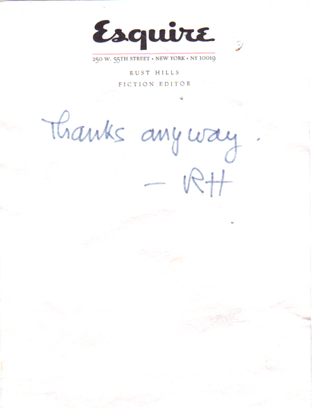 Handwritten note on ESQUIRE MAGAZINE scratch pad that says “Thanks anyway. —RH”
