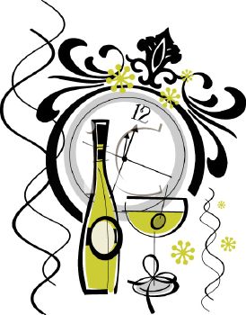 Black and gold New Year’s Eve clipart with a clock, bottle, Martini, and confetti.