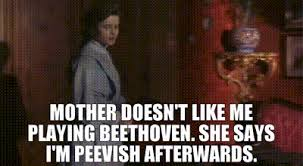A still shot of Lucy Honeychurch (Helena Bonham Carter) with the caption “Mother doesn’t like me playing Beethoven. She says I’m peevish afterwards.”