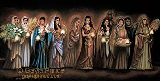 A depiction of the 10 virgins in period dress. From left to right, they are portrayed in darkening hues, virtue to vice.