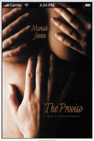 The cover of my novel THE PROVISO (1st Edition) as screenshot from an iPhone. The image is a woman's nude torso, her hands covering her breasts, and a male hand covering her belly.