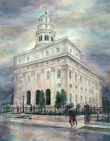 A picture of the Mormon Nauvoo temple in Nauvoo, Illinois, Photoshopped with soft pastel filters.