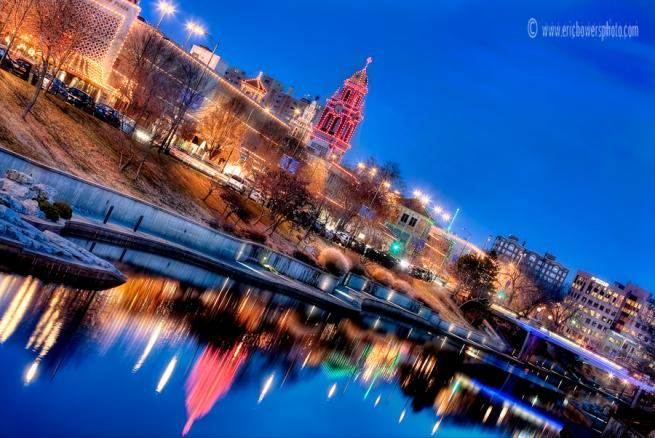 An enhanced image of the Country Club Plaza at Christmas in Kansas City, Missouri at twilight ©Eric Bowers