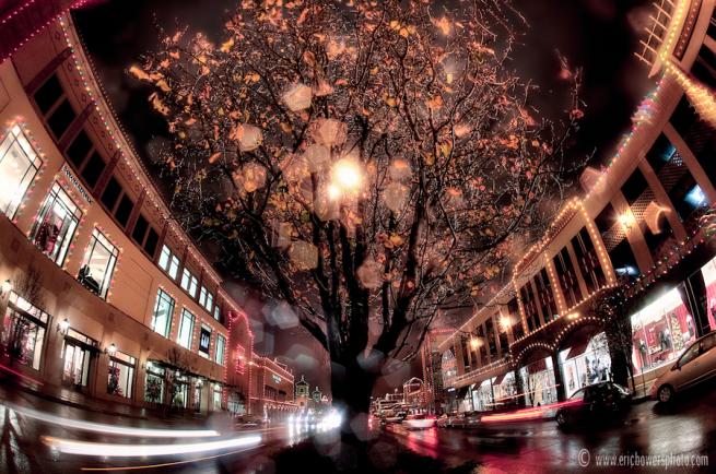 A fisheye image of the Country Club Plaza, J.C. Nichols Parkway, at Christmas, in Kansas City, Missouri at night. ©Eric Bowers