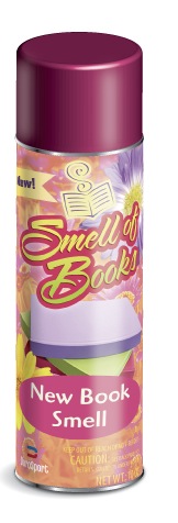 A can of air freshener labeled “Smell of Books: New Book Smell”