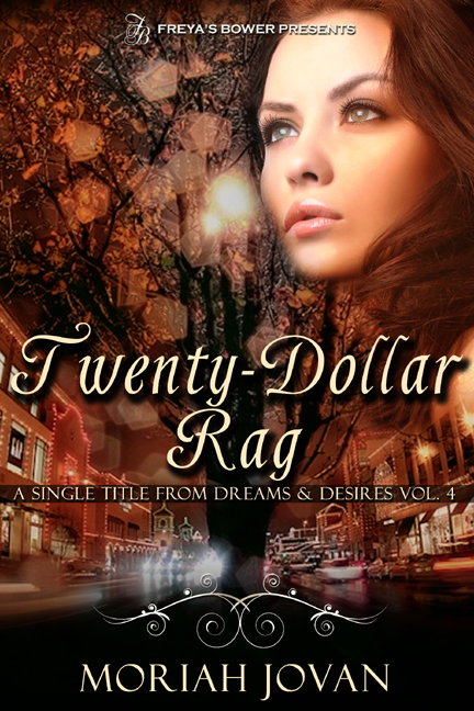 Original cover of my novelette TWENTY-DOLLAR RAG with a fisheye view of the Country Club Plaza at night with Christmas lights, and a woman’s face.