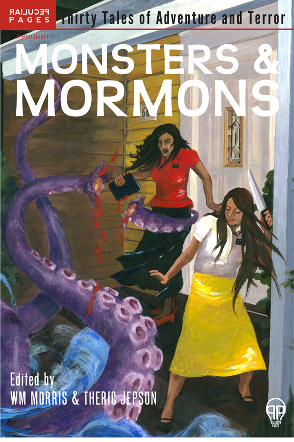 The cover of MONSTERS & MORMONS, in oil painting impressionist style, with two women in skirts/blouses, with knives, fighting off purple tentacles.