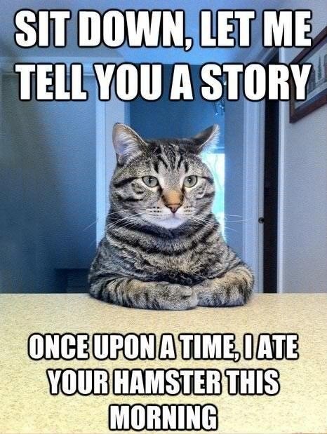 Meme with a cat sitting at a table like a human. Text: “Sit down, let me tell you a story. Once upon a time, I ate your hamster this morning.”
