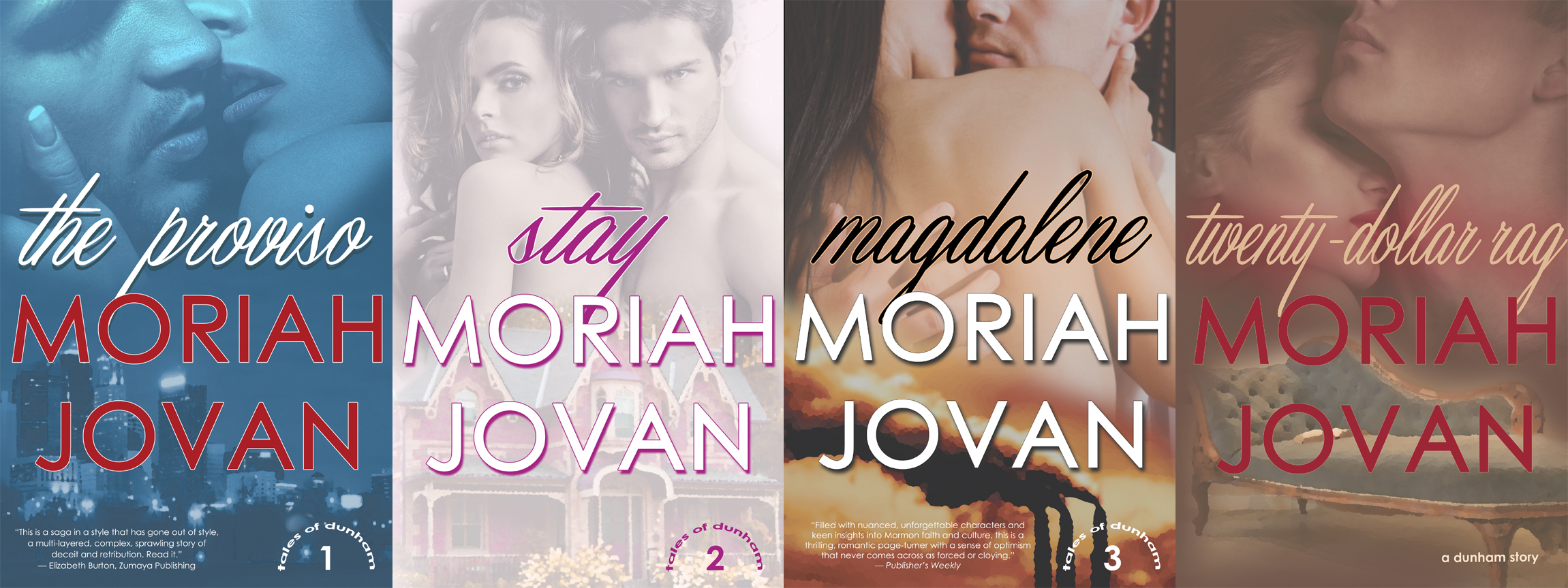 Collage of cover revamps for THE PROVISO, STAY, MAGDALENE, TWENTY-DOLLAR RAG