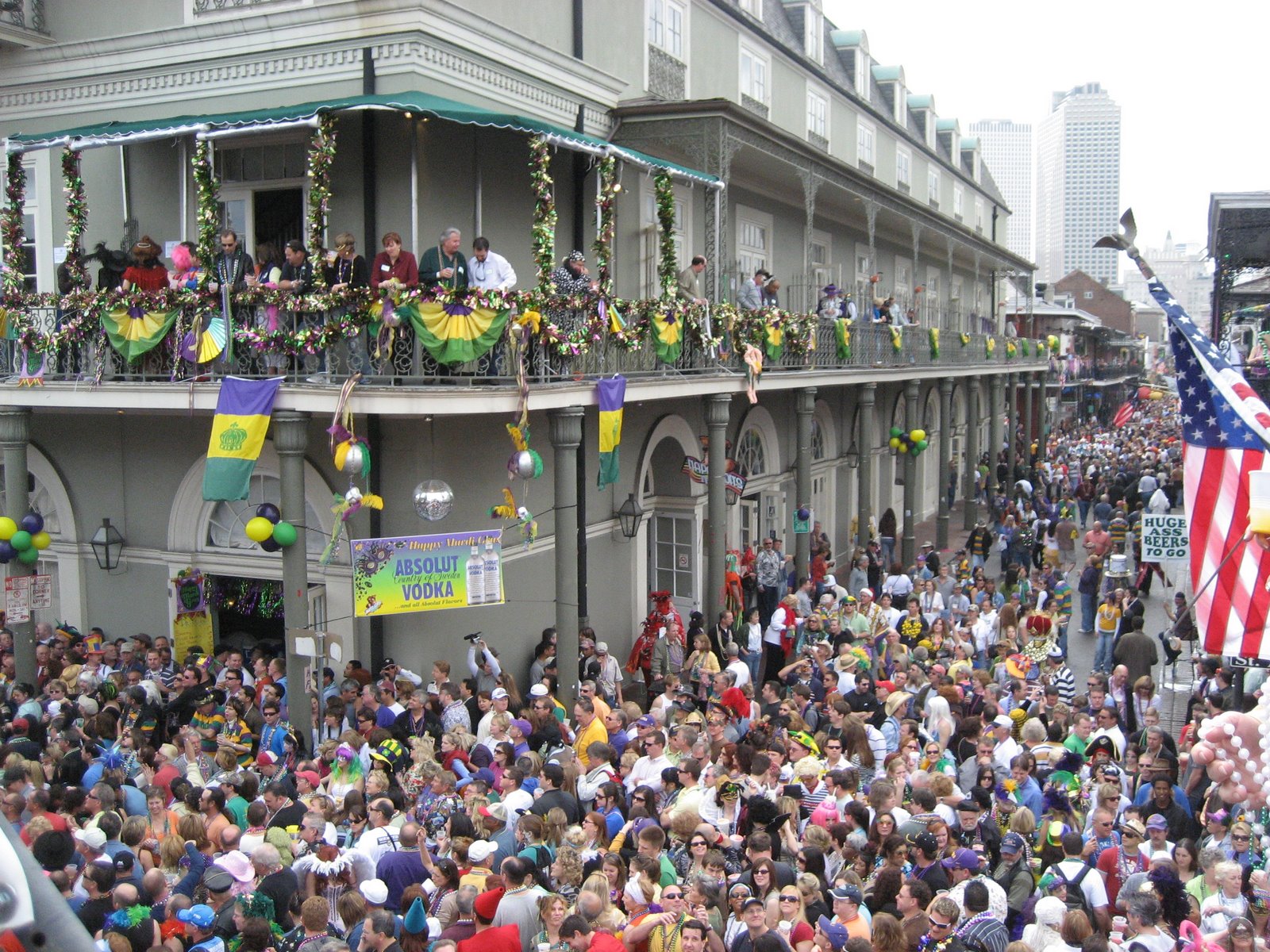 An image of the French Quarter in New Orleans, Louisiana, packed with people for Mardi Gras.
