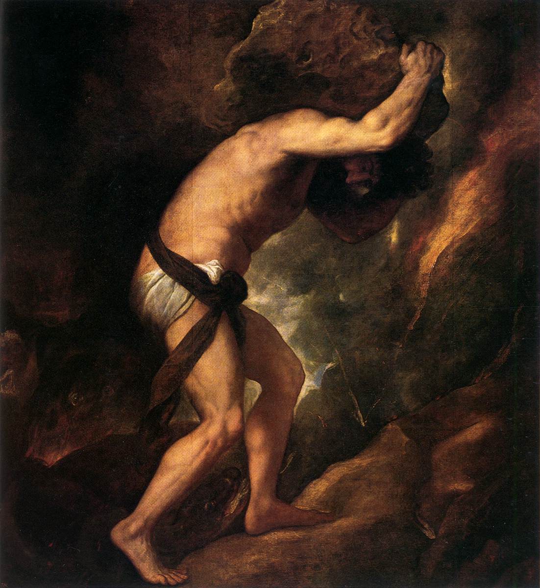 An image of a painting of Sisyphus pushing the rock up the hill by Titian.