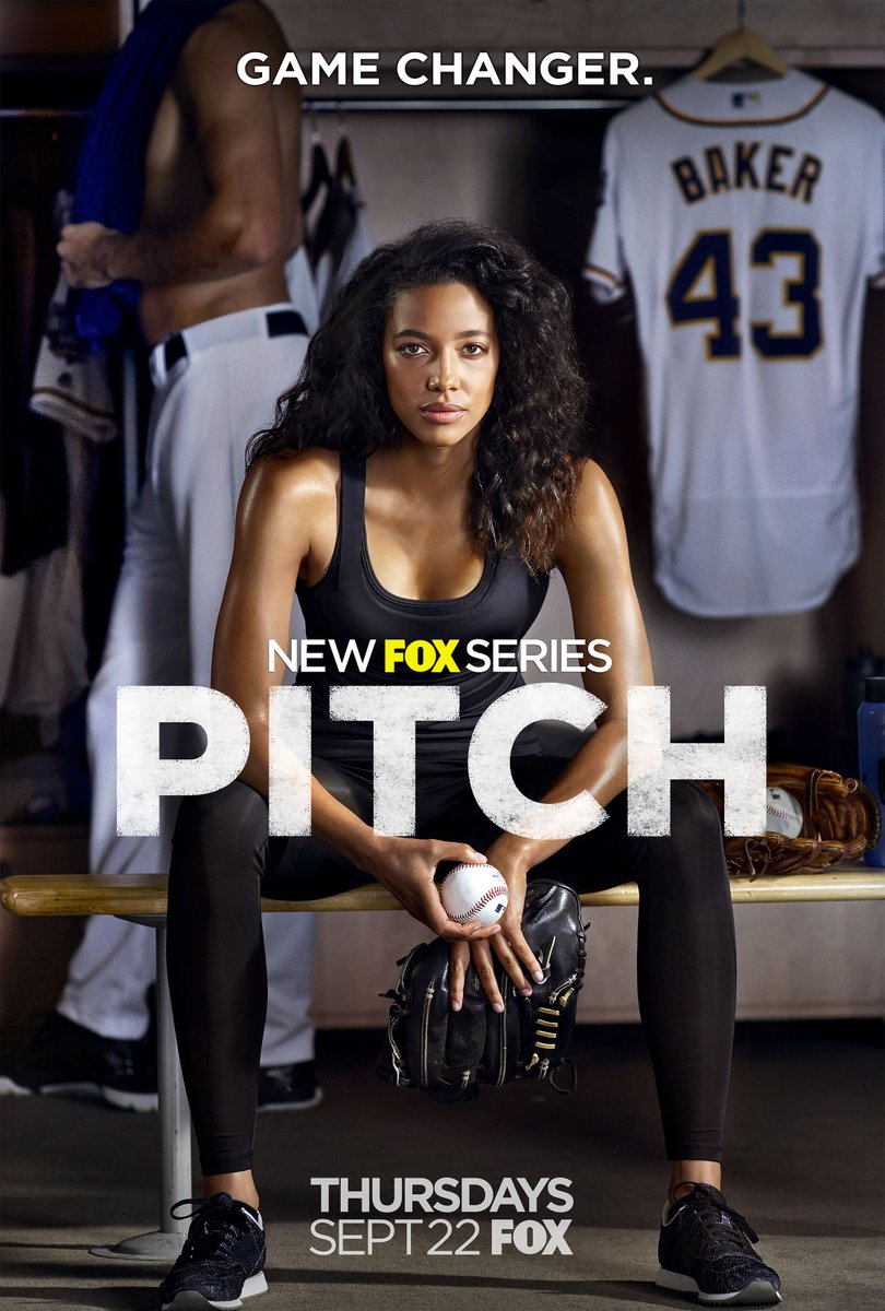 A poster for TV series PITCH, featuring a female major league baseball pitcher. It shows a young Black woman with a baseball and baseball mitt in her hands.