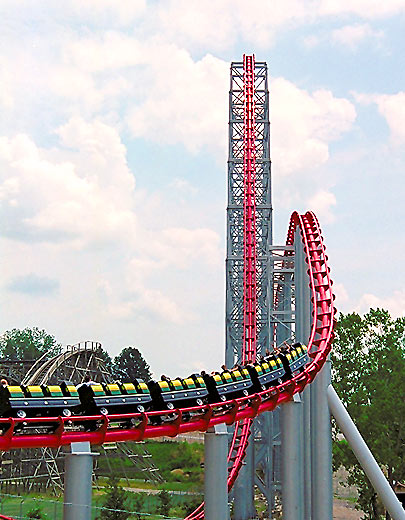 An image of the Mamba rollercoaster at Worlds of Fun in Kansas City, Missouri.