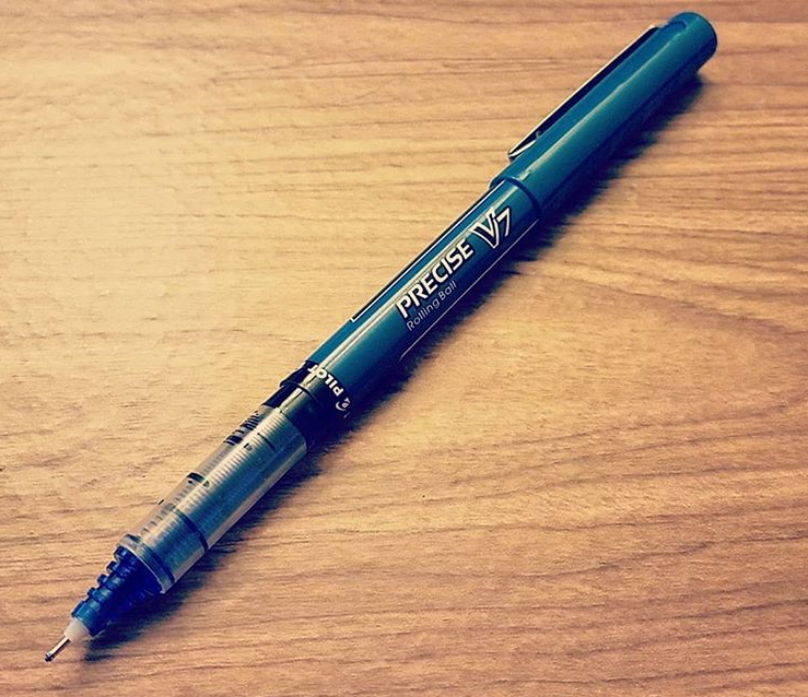 An image of a Pilot Precise V7 rollerball pen with blue ink.