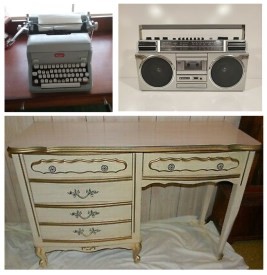 A collage of 3 images: top left, heavy gray metal manual typewriter; top right, 1980s boombox; bottom: 1970s Sears "French provincial/baroque" white and gold desk.