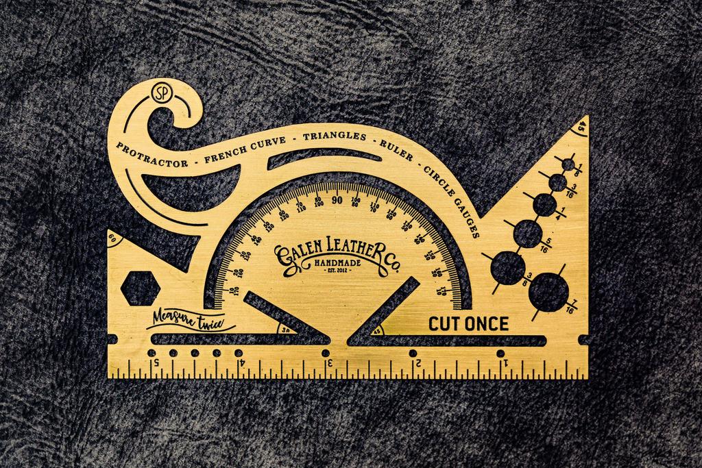 An image of a high-end brass combination protractor, ruler, French curve, circle gauge, and hexagon and line and triangle templates, made by Galen Leather Co., out of Turkey.