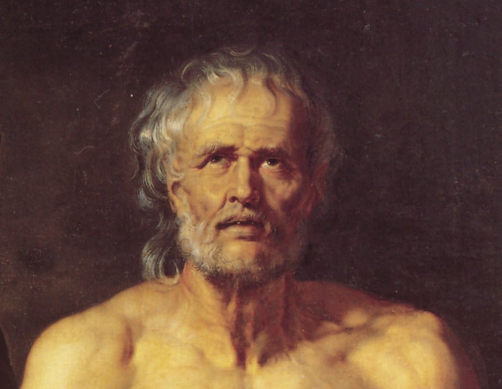 A close-up of Seneca’s face in the oil painting THE DEATH OF SENECA by Rubens.