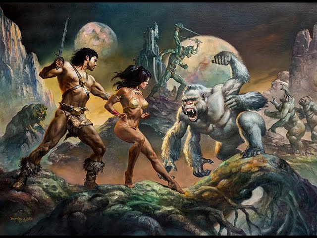 Painting of a very scantily clad muscular, ideal man and scantily clad muscular but curvy, ideal female fighting a four-armed gorilla.