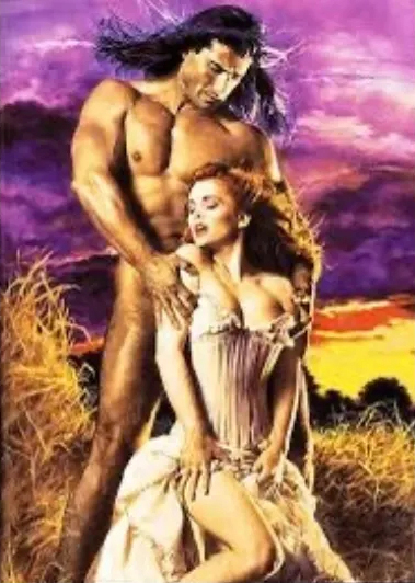Painting of a very scantily clad muscular man with long black hair, and in front of him a busty but more modestly clad woman with red hair.