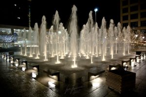 Crown Center fountain at night at Christmas